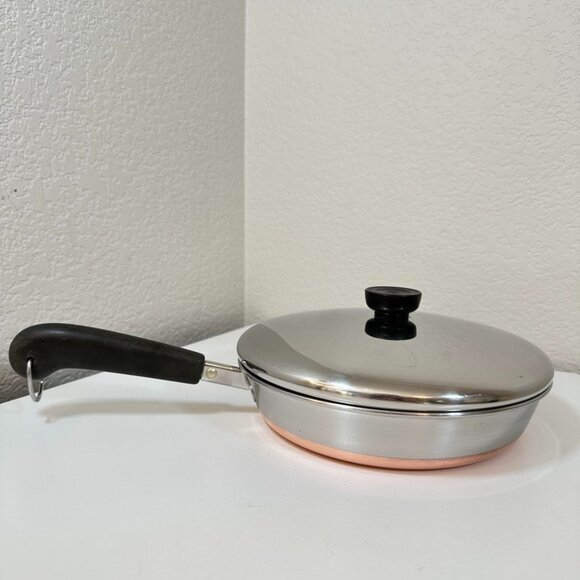 VTG Revere Ware 9in Skillet Sauté Pan w/ Lid Copper Clad Bottom/ SS Clinton ILL - Picture 1 of 16